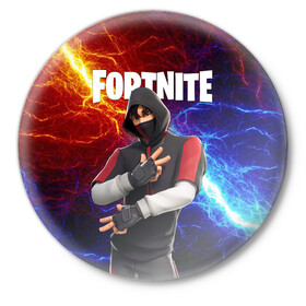 Значок с принтом FORTNITE x IKONIK | ФОРТНАЙТ ИКОНИК ,  металл | круглая форма, металлическая застежка в виде булавки | Тематика изображения на принте: deadmau5 | fortnite | fortnite 2 | fortnite x маршмелло | ikonik | marshmello | ninja | ninja streamer | raven | travis scott | ворон | иконик | ниндзя | пили | рейвен | трэвис скотт | фортнайт