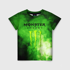 Детская футболка 3D с принтом MONSTER ENERGY , 100% гипоаллергенный полиэфир | прямой крой, круглый вырез горловины, длина до линии бедер, чуть спущенное плечо, ткань немного тянется | Тематика изображения на принте: brend | green | monster energy | андреналин | бренд | зеленый | логотип | монстр | напиток | энергетик | энергия