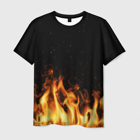 Мужская футболка 3D с принтом Огонь , 100% полиэфир | прямой крой, круглый вырез горловины, длина до линии бедер | 3d | барбекю | блеск | взрыв | готовка | иллюстрация | искриться | ночь | пламя | пожар | свет | стена | черный | энергии