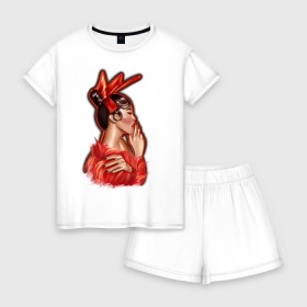 Женская пижама с шортиками хлопок с принтом Девушка в красном , 100% хлопок | футболка прямого кроя, шорты свободные с широкой мягкой резинкой | girl | девушка в красном | огненная девушка | японка