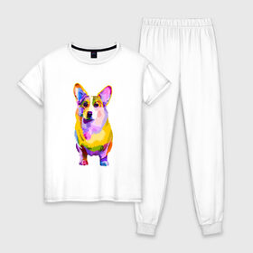 Женская пижама хлопок с принтом Радужный корги , 100% хлопок | брюки и футболка прямого кроя, без карманов, на брюках мягкая резинка на поясе и по низу штанин | корги | корги лапа | милый корги | радуга | радужная собака | радужный корги | разноцветный корги | собака | цветной корги