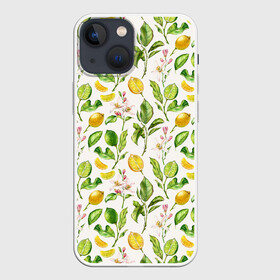 Чехол для iPhone 13 mini с принтом Летний узор лимон ветки листья ,  |  | Тематика изображения на принте: ботаника | ветки | кислый | летний | лимонад | лимончики | лимоны | листья | паттерн | узор | цветы | цитрусовые