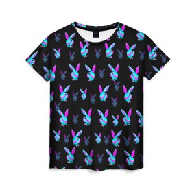 Женская футболка 3D с принтом Playboy , 100% полиэфир ( синтетическое хлопкоподобное полотно) | прямой крой, круглый вырез горловины, длина до линии бедер | playboy | абстракция | зая | заяц | краска | кролик | кролик плейбой | лето | море | неон | отдых | плейбой | плэйбой | пляж | текстура