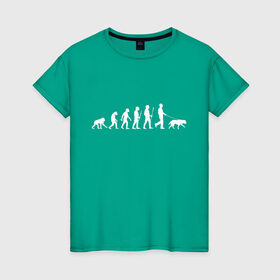 Женская футболка хлопок с принтом Эволюция. Лабрадор , 100% хлопок | прямой крой, круглый вырез горловины, длина до линии бедер, слегка спущенное плечо | Тематика изображения на принте: homo sapiens | дарвин | лабрадор | люди | неандерталец | пёс | развитие | собака | собачник | эволюция