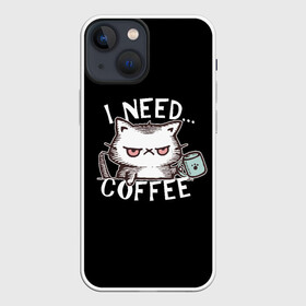 Чехол для iPhone 13 mini с принтом Кофе кот ,  |  | Тематика изображения на принте: cat | coffee | grumpy | lol | mem | need | кити | котенок | котик | кофе | кофэ | мем | мне | недовольный | нужен | прикол | смешной