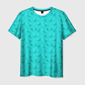 Мужская футболка 3D с принтом Зеленые птицы летний узор , 100% полиэфир | прямой крой, круглый вырез горловины, длина до линии бедер | бежевый | бирюзовый | зеленый | нейтральный | паттерн | повседневный | принт | природа | птицы | птички | светлый | силуэты | узор