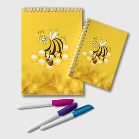 Блокнот с принтом Лето Пчелы Мед , 100% бумага | 48 листов, плотность листов — 60 г/м2, плотность картонной обложки — 250 г/м2. Листы скреплены удобной пружинной спиралью. Цвет линий — светло-серый
 | Тематика изображения на принте: лето | мед | насекомые | пчела | соты | улей