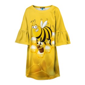Детское платье 3D с принтом Лето. Пчелы. Мед , 100% полиэстер | прямой силуэт, чуть расширенный к низу. Круглая горловина, на рукавах — воланы | лето | мед | насекомые | пчела | соты | улей