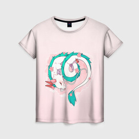 Женская футболка 3D с принтом Спящий дракон Хаку чиби цветы , 100% полиэфир ( синтетическое хлопкоподобное полотно) | прямой крой, круглый вырез горловины, длина до линии бедер | аниме | арт | божество | градиент | дракон | дракон бог | дракончик | дракоша | малыш | мило | пастельный | персонаж | простой | рисунок | розовый | светлый | спящий дракон | студия гибли