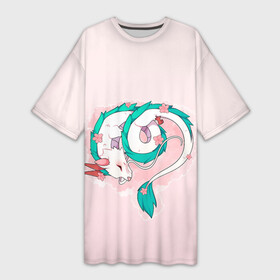 Платье-футболка 3D с принтом Спящий дракон Хаку чиби цветы ,  |  | аниме | арт | божество | градиент | дракон | дракон бог | дракончик | дракоша | малыш | мило | пастельный | персонаж | простой | рисунок | розовый | светлый | спящий дракон | студия гибли