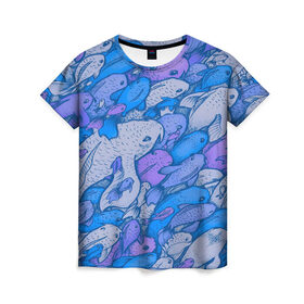 Женская футболка 3D с принтом косяк рыб крупно рисунок , 100% полиэфир ( синтетическое хлопкоподобное полотно) | прямой крой, круглый вырез горловины, длина до линии бедер | арт | косяк | много | морские жители | морской | подводный мир | рисунок | рыбки | рыбы | синий | фиолетовый