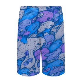 Детские спортивные шорты 3D с принтом косяк рыб крупно рисунок ,  100% полиэстер
 | пояс оформлен широкой мягкой резинкой, ткань тянется
 | арт | косяк | много | морские жители | морской | подводный мир | рисунок | рыбки | рыбы | синий | фиолетовый