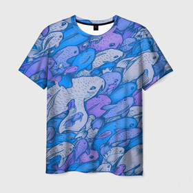 Мужская футболка 3D с принтом косяк рыб крупно рисунок , 100% полиэфир | прямой крой, круглый вырез горловины, длина до линии бедер | Тематика изображения на принте: арт | косяк | много | морские жители | морской | подводный мир | рисунок | рыбки | рыбы | синий | фиолетовый