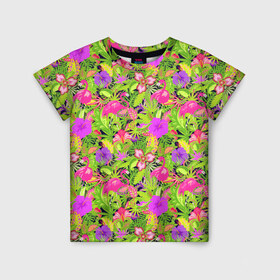 Детская футболка 3D с принтом Flamingo | Tropical , 100% гипоаллергенный полиэфир | прямой крой, круглый вырез горловины, длина до линии бедер, чуть спущенное плечо, ткань немного тянется | flamingo | flamingos | flower | flowers | neon | pink | rose | summer | девочке | девушке | красивая | летняя | неон | парню | подарок | прикольная | приятная | роза | розовая | стильная | текстура | тропики | фламинго | цветок