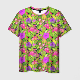 Мужская футболка 3D с принтом Flamingo | Tropical , 100% полиэфир | прямой крой, круглый вырез горловины, длина до линии бедер | flamingo | flamingos | flower | flowers | neon | pink | rose | summer | девочке | девушке | красивая | летняя | неон | парню | подарок | прикольная | приятная | роза | розовая | стильная | текстура | тропики | фламинго | цветок