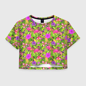 Женская футболка Crop-top 3D с принтом Flamingo | Tropical , 100% полиэстер | круглая горловина, длина футболки до линии талии, рукава с отворотами | flamingo | flamingos | flower | flowers | neon | pink | rose | summer | девочке | девушке | красивая | летняя | неон | парню | подарок | прикольная | приятная | роза | розовая | стильная | текстура | тропики | фламинго | цветок