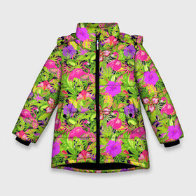 Зимняя куртка для девочек 3D с принтом Flamingo Tropical , ткань верха — 100% полиэстер; подклад — 100% полиэстер, утеплитель — 100% полиэстер. | длина ниже бедра, удлиненная спинка, воротник стойка и отстегивающийся капюшон. Есть боковые карманы с листочкой на кнопках, утяжки по низу изделия и внутренний карман на молнии. 

Предусмотрены светоотражающий принт на спинке, радужный светоотражающий элемент на пуллере молнии и на резинке для утяжки. | flamingo | flamingos | flower | flowers | neon | pink | rose | summer | девочке | девушке | красивая | летняя | неон | парню | подарок | прикольная | приятная | роза | розовая | стильная | текстура | тропики | фламинго | цветок