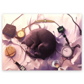 Поздравительная открытка с принтом 9 жизней кота , 100% бумага | плотность бумаги 280 г/м2, матовая, на обратной стороне линовка и место для марки
 | Тематика изображения на принте: 9 жизней | время | девять жизней | клубок | кот | кошка | часы | черный котик