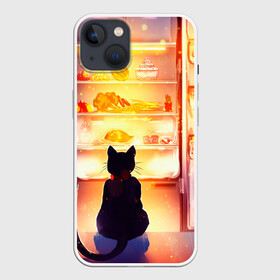 Чехол для iPhone 13 с принтом Черный кот холодильник ночь ,  |  | арт | вкусняшки | ночной дожор | ночь | преступление | рисунок | холодильник | черный кот