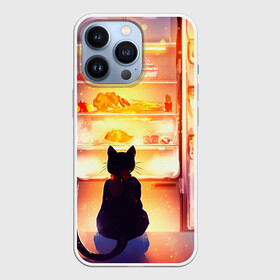 Чехол для iPhone 13 Pro с принтом Черный кот холодильник ночь ,  |  | арт | вкусняшки | ночной дожор | ночь | преступление | рисунок | холодильник | черный кот