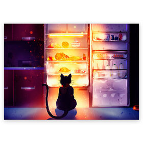 Поздравительная открытка с принтом Черный кот холодильник ночь , 100% бумага | плотность бумаги 280 г/м2, матовая, на обратной стороне линовка и место для марки
 | арт | вкусняшки | ночной дожор | ночь | преступление | рисунок | холодильник | черный кот