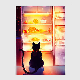 Постер с принтом Черный кот холодильник ночь , 100% бумага
 | бумага, плотность 150 мг. Матовая, но за счет высокого коэффициента гладкости имеет небольшой блеск и дает на свету блики, но в отличии от глянцевой бумаги не покрыта лаком | арт | вкусняшки | ночной дожор | ночь | преступление | рисунок | холодильник | черный кот