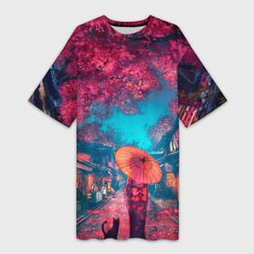 Платье-футболка 3D с принтом Фестиваль сакуры кот и гейша ,  |  | азия | аниме | анимешный | арт | бант | восток | зонт | картинка | кимоно | китай | корея | кошка | мило | праздник | прогулка | рисунок | розовый | сакуры | силуэт | спина | традиции | традиционный | улица