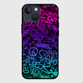 Чехол для iPhone 13 mini с принтом Граффити Neon ,  |  | Тематика изображения на принте: blue | cyberpunk | drawing | graffiti | lettering | neon | paint | purple | text | брызги | граффити | киберпанк | краска | надписи | неон | рисунок | синий | текст | фиолетовый