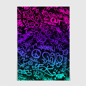 Постер с принтом Граффити Neon , 100% бумага
 | бумага, плотность 150 мг. Матовая, но за счет высокого коэффициента гладкости имеет небольшой блеск и дает на свету блики, но в отличии от глянцевой бумаги не покрыта лаком | blue | cyberpunk | drawing | graffiti | lettering | neon | paint | purple | text | брызги | граффити | киберпанк | краска | надписи | неон | рисунок | синий | текст | фиолетовый