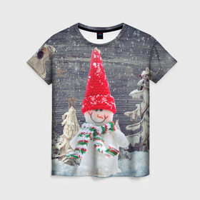 Женская футболка 3D с принтом Снеговик, Новогодняя , 100% полиэфир ( синтетическое хлопкоподобное полотно) | прямой крой, круглый вырез горловины, длина до линии бедер | ёлки | красный | новый год | снег | снеговик