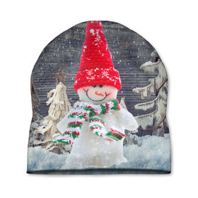 Шапка 3D с принтом Снеговик, Новогодняя , 100% полиэстер | универсальный размер, печать по всей поверхности изделия | ёлки | красный | новый год | снег | снеговик