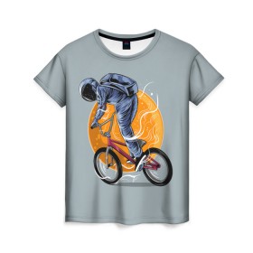 Женская футболка 3D с принтом Космический велосипедист (Z) , 100% полиэфир ( синтетическое хлопкоподобное полотно) | прямой крой, круглый вырез горловины, длина до линии бедер | bicycle | bicyclist | bike | biker | bmx | cycle | galaxy | moon | rider | space | stars | байкер | бмх | вело | велогонщик | велосепедист | велосипед | велоспорт | гонщик | космос | луна