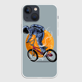 Чехол для iPhone 13 mini с принтом Космический велосипедист (Z) ,  |  | Тематика изображения на принте: bicycle | bicyclist | bike | biker | bmx | cycle | galaxy | moon | rider | space | stars | байкер | бмх | вело | велогонщик | велосепедист | велосипед | велоспорт | гонщик | космос | луна