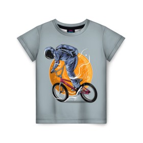 Детская футболка 3D с принтом Космический велосипедист (Z) , 100% гипоаллергенный полиэфир | прямой крой, круглый вырез горловины, длина до линии бедер, чуть спущенное плечо, ткань немного тянется | Тематика изображения на принте: bicycle | bicyclist | bike | biker | bmx | cycle | galaxy | moon | rider | space | stars | байкер | бмх | вело | велогонщик | велосепедист | велосипед | велоспорт | гонщик | космос | луна