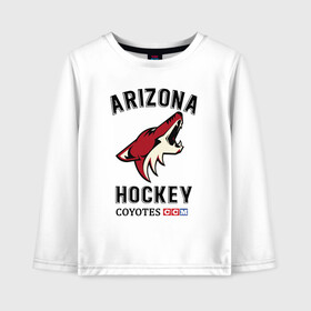 Детский лонгслив хлопок с принтом ARIZONA COYOTES , 100% хлопок | круглый вырез горловины, полуприлегающий силуэт, длина до линии бедер | arizona | coyotes | game | hockey | nhl | usa | аризона | игра | койоты | нхл | спорт | сша | шайбу