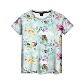 Женская футболка 3D с принтом Весенние цветы , 100% полиэфир ( синтетическое хлопкоподобное полотно) | прямой крой, круглый вырез горловины, длина до линии бедер | весна | дача | летние цветы | летняя | лето | паттерн | розы | сад | свежесть | текстуры | узор | цветы