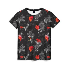 Женская футболка 3D с принтом Красные цветы , 100% полиэфир ( синтетическое хлопкоподобное полотно) | прямой крой, круглый вырез горловины, длина до линии бедер | весна | дача | летние цветы | летняя | лето | паттерн | розы | сад | свежесть | текстуры | узор | цветы