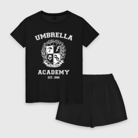 Женская пижама с шортиками хлопок с принтом Академия Амбрелла , 100% хлопок | футболка прямого кроя, шорты свободные с широкой мягкой резинкой | umbrella | umbrella academy | академия амбрелла | амбрелла | герб