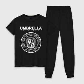 Женская пижама хлопок с принтом Академия Амбрелла , 100% хлопок | брюки и футболка прямого кроя, без карманов, на брюках мягкая резинка на поясе и по низу штанин | umbrella | umbrella academy | академия амбрелла | амбрелла | герб