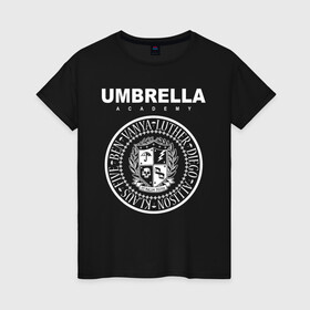 Женская футболка хлопок с принтом Академия Амбрелла , 100% хлопок | прямой крой, круглый вырез горловины, длина до линии бедер, слегка спущенное плечо | umbrella | umbrella academy | академия амбрелла | амбрелла | герб