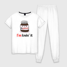 Женская пижама хлопок с принтом Nutella , 100% хлопок | брюки и футболка прямого кроя, без карманов, на брюках мягкая резинка на поясе и по низу штанин | nutella | вкусно | вкусняшка | любовь | нутелла | нутэлла | сладкое