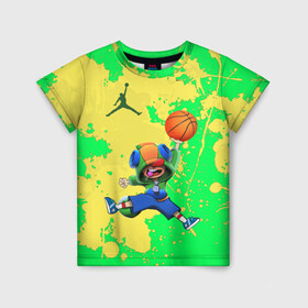 Детская футболка 3D с принтом Brawl STARS (Jordan) , 100% гипоаллергенный полиэфир | прямой крой, круглый вырез горловины, длина до линии бедер, чуть спущенное плечо, ткань немного тянется | air jordan | brawl | leon | moba | stars | supercell | баскетбол | игра | коллаборация | коллаж | паттерн