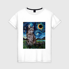 Женская футболка хлопок с принтом Кот Ван Гога , 100% хлопок | прямой крой, круглый вырез горловины, длина до линии бедер, слегка спущенное плечо | art | arts | cat | cats | kitten | kitty | nature | night | pussycat | van gogh | vincent | ван гог | ван гога | винсент | звездная ночь | звезды | искусство | картина | картины | кот | коты | котяра | кошка | кошки | на фоне | ночь | пародий