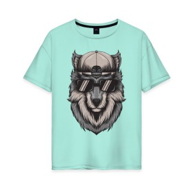 Женская футболка хлопок Oversize с принтом Волк в очках , 100% хлопок | свободный крой, круглый ворот, спущенный рукав, длина до линии бедер
 | wolf | волк | волк в кепке | волк в кепке и очках | волк в очках | голова волка | крутой волк