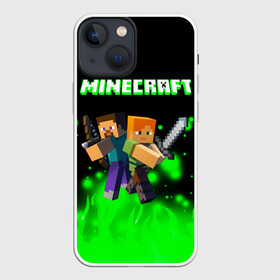 Чехол для iPhone 13 mini с принтом Майнкрафт герои ,  |  | Тематика изображения на принте: creeper | dungeons | minecraft | play | бой | герои | детские | драка | инди | компьютерные | крипер | куб | логотипигры | майнкрафт | мальчикам | мечи | мобы | неоновые | огонь | персонажи | песочница | пламя