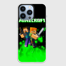 Чехол для iPhone 13 Pro с принтом Майнкрафт герои ,  |  | Тематика изображения на принте: creeper | dungeons | minecraft | play | бой | герои | детские | драка | инди | компьютерные | крипер | куб | логотипигры | майнкрафт | мальчикам | мечи | мобы | неоновые | огонь | персонажи | песочница | пламя