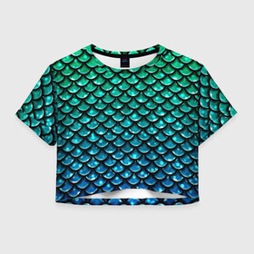 Женская футболка Crop-top 3D с принтом Змеиная кожа , 100% полиэстер | круглая горловина, длина футболки до линии талии, рукава с отворотами | бирюзовый | блики | зеленый | змея | кожа | свет | синий | чешуя