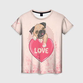 Женская футболка 3D с принтом Love Pug (Z) , 100% полиэфир ( синтетическое хлопкоподобное полотно) | прямой крой, круглый вырез горловины, длина до линии бедер | dog | doggie | doggy | mops | pug | декоративная собака | друг человека | другу | кинолог | лабрадор | малые молоссоиды | мопс | мопсик | мохнатый | пес | пёсель | пёсик | подарок | подруге | собака | собакен | собаки