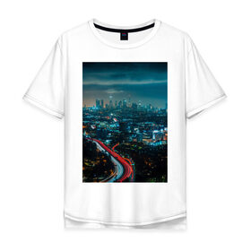 Мужская футболка хлопок Oversize с принтом Ночной мегаполис , 100% хлопок | свободный крой, круглый ворот, “спинка” длиннее передней части | Тематика изображения на принте: город | небо. мегаполис | неон | ночь | огни