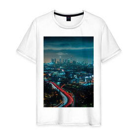 Мужская футболка хлопок с принтом Ночной мегаполис , 100% хлопок | прямой крой, круглый вырез горловины, длина до линии бедер, слегка спущенное плечо. | Тематика изображения на принте: город | небо. мегаполис | неон | ночь | огни